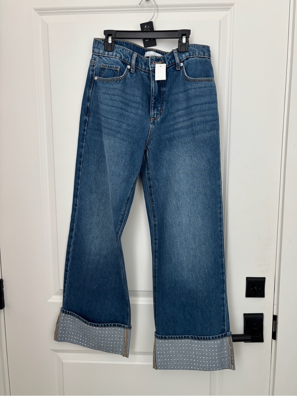 LOFT Blue Wide-Leg Cuffed Jeans with Embellished Hem